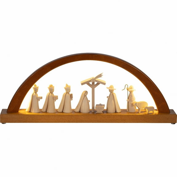 German candle arch LED Nativity scene, length 40 cm / 16 inch, natural, electrically illuminated, original Erzgebirge by Richard Glaesser Seiffen