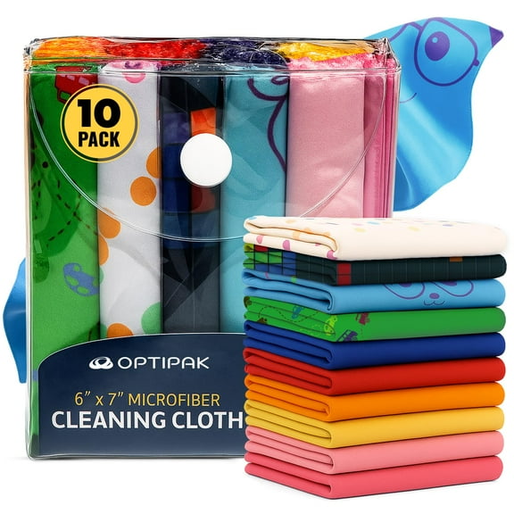 OPTIPAK Microfiber Cleaning Cloths (6"x7") with Vinyl Pouch – Glasses Cleaner Cloth for Eyeglasses, Camera Lens, Phones, Tablets & Screens (10 Count - Assorted Colors)