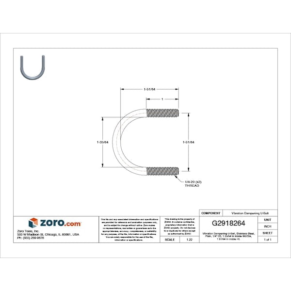 Vibration-Dampening U-Bolt, 1/4"-20, 1 35/64 in W, 1 51/64 in H, Plain Stainless Steel UB3/4PA6