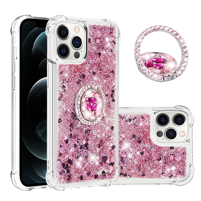 Funda para iPhone 12 PRO MAX con Brillo Líquido Flotante, Purpurina, Parachoques y Anillo Giratorio Soporte