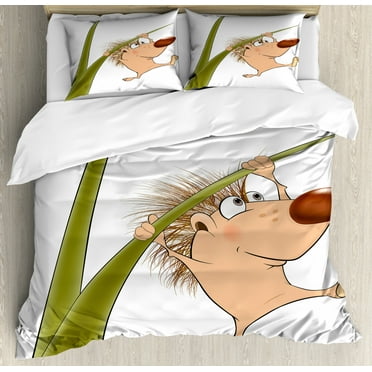 Hedgehog Duvet Cover Set King Size, Naked Cute Small Animal Cartoon Soft Color Scheme Wildlife Nature Humor Image, Decorative 3 Piece Bedding Set with 2 Pillow Shams, Tan Brown Green, by Ambesonne