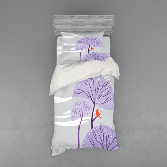 Ambesonne Winter Bedding Set 3 Pcs, Snowy Weather Windy Lines, Twin, Pale Grey Purple and Orange