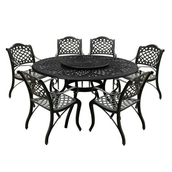 Aluminum 7pc Black Round Patio Dining Set, Lazy Susan, Six Chairs