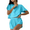 thumbnail image 2 of Aobny Split Sleep Pajamas for Women's Blue Fancy Sleepwear Sets Crew Neck Wide-Leg Striped Pjs for Junior, 2 of 5