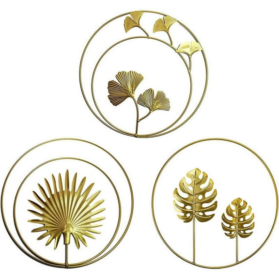 Iron Wall Decor,Gold Ginkgo,Maple,Monstera Leaf Wall Decor Round Wall Ornaments,for Bedroom Hanging Hotel Wall Decor