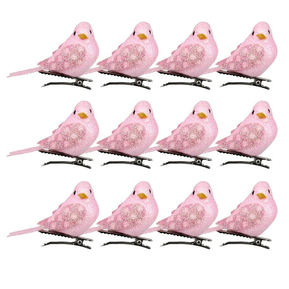 Pitycbo 12 Pack Artificial Birds on Clips Feathered Foam Birds for Outdoor Garden Pink