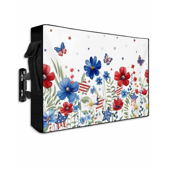 Blue Red Spring Floral Outdoor TV Cover 60 to 65 Inch Waterproof, Pastoral Flowers Butterflies Watercolor 600D Oxford TV Covers with Zipper, Outside Flat TV Screen Protector 58"Wx37"Hx4.5"D