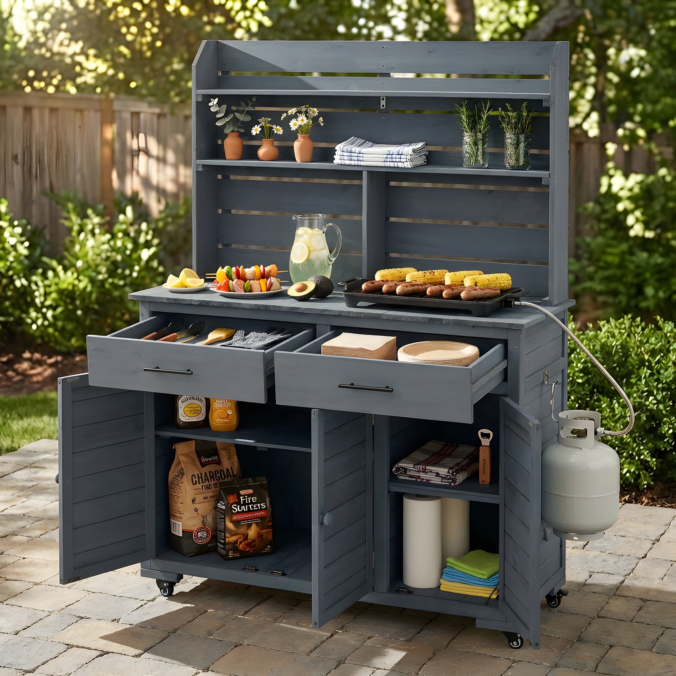 Mintazer 65"H Rolling Outdoor Potting Bench with 2 Drawers & Storage Cabinet, Farmhouse Kitchen Island Prep Cart with Hutch Top & Shelves, Gray