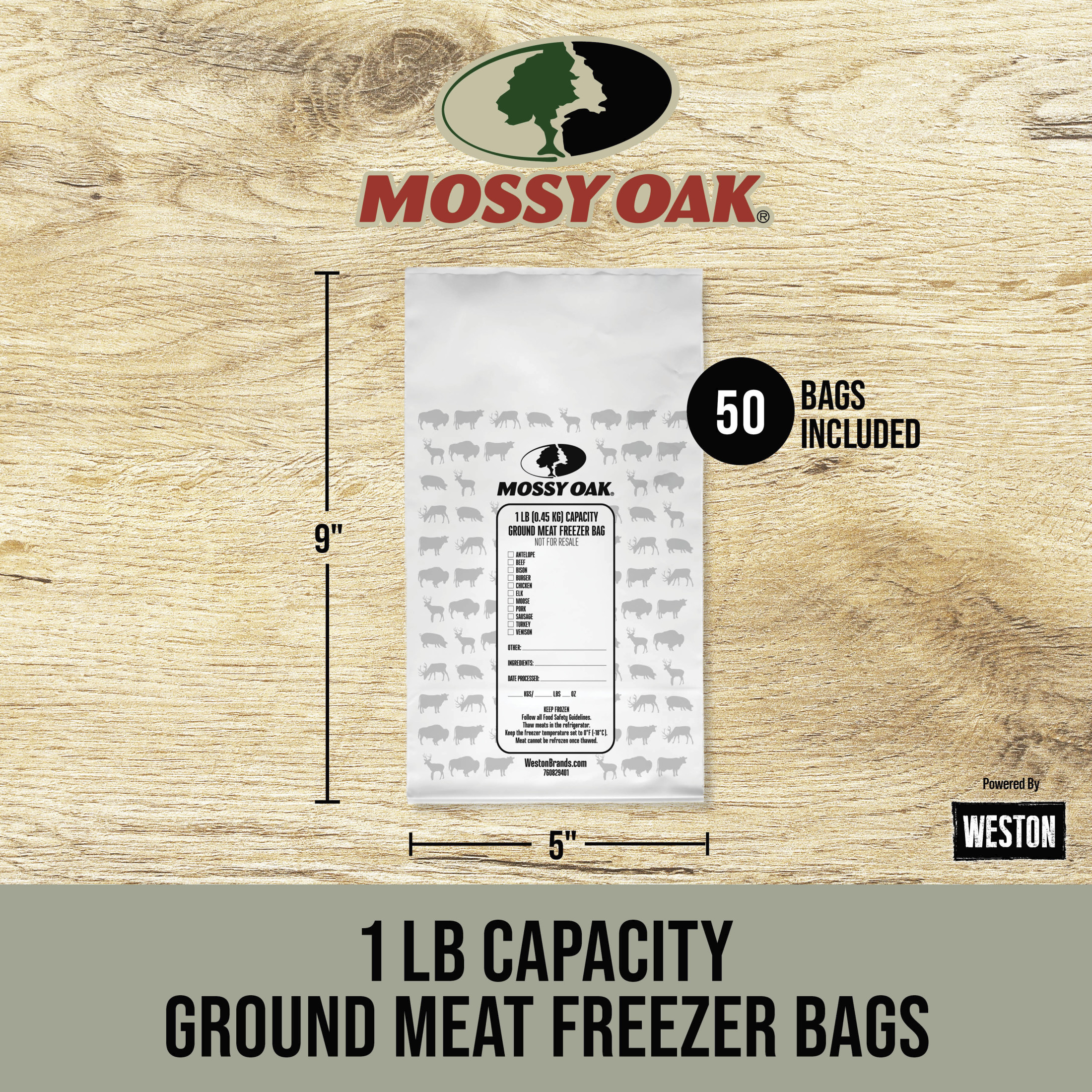 Mossy Oak Ground Meat Freezer Storage Bags, 1 lb Size, 50 Count, 55 Ties, Write On