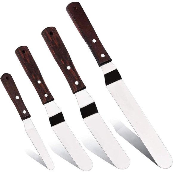 4PCS Offset Spatula Icing Spatula Set 4" 6" 8" 10" Professional Stainless Steel Cake Spatula Frosting Spatula Set with Wooden Handle (Angled)