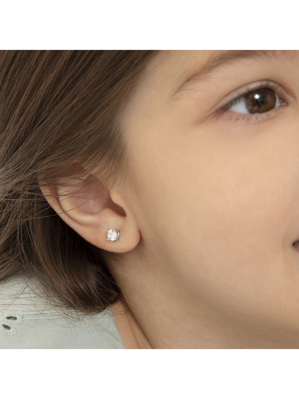 Classic Solitaire Simulated Diamond Kids Earrings Screw Back - Sterling Silver