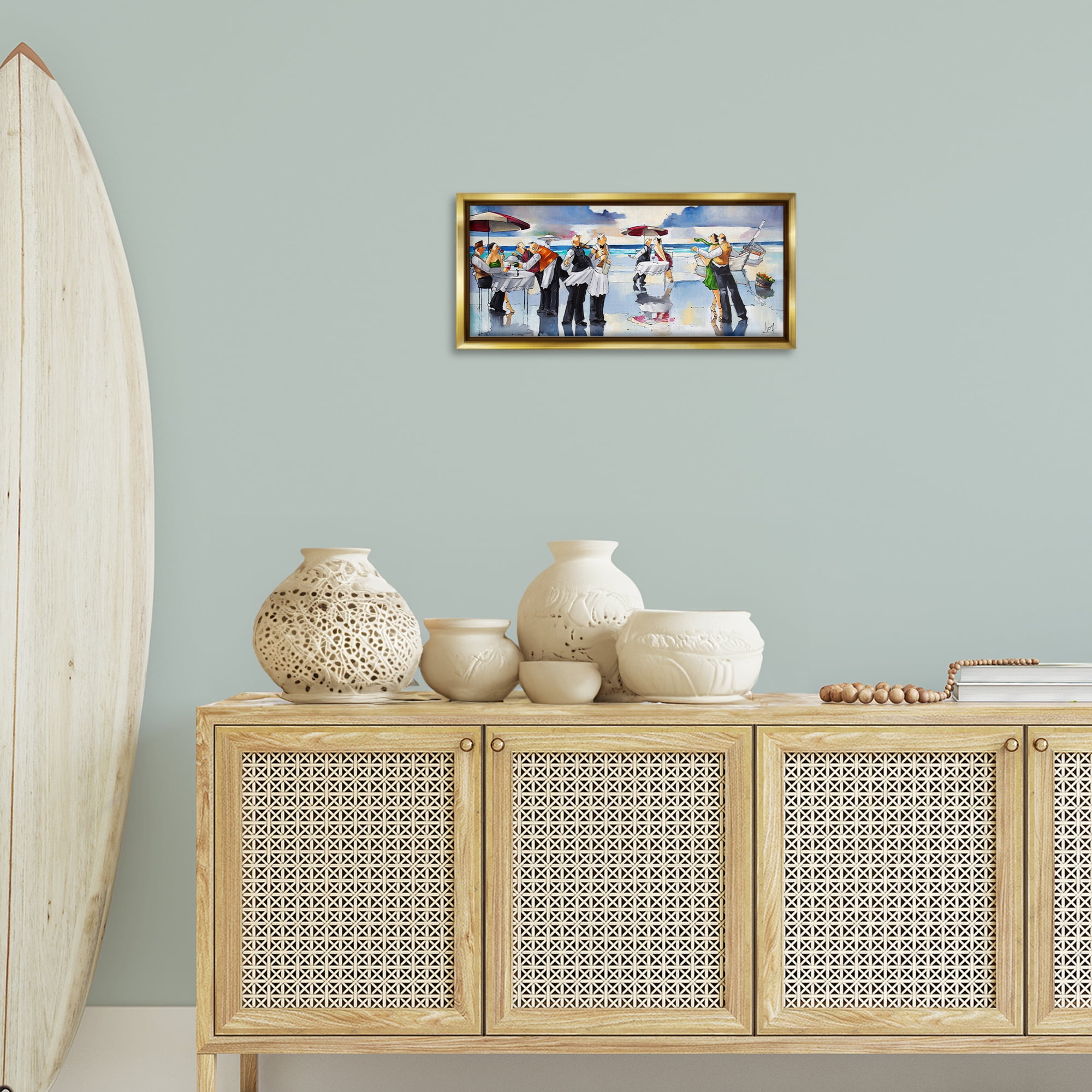 Stupell Industries Fancy Dinner on Beach Novelty Painting Gold Floater Framed Canvas Art Print Wall Art, 25 x 11
