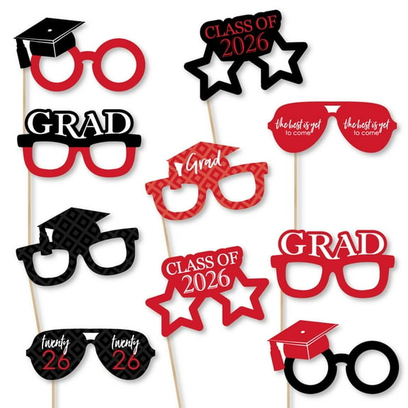 Big Dot of Happiness 2026 Red Graduation Glasses - Paper Card Stock Party Photo Booth Props Kit - 10 Count