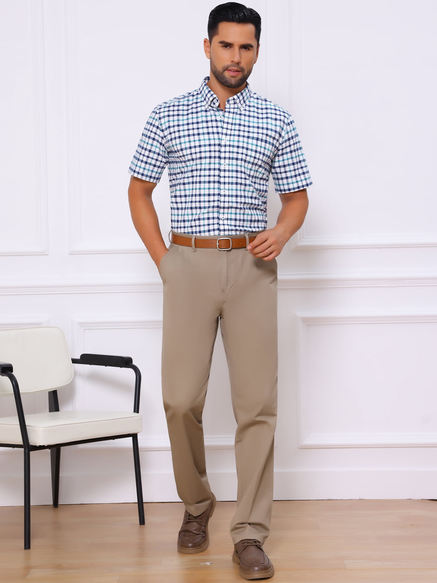 DARING DIVA Men's Point Collar Short Sleeve Button Business Plaid Shirts S White Navy