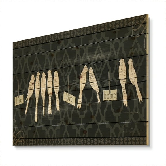 Designart 'French Bird Family Flea Market' Farmhouse Print on Natural Pine Wood