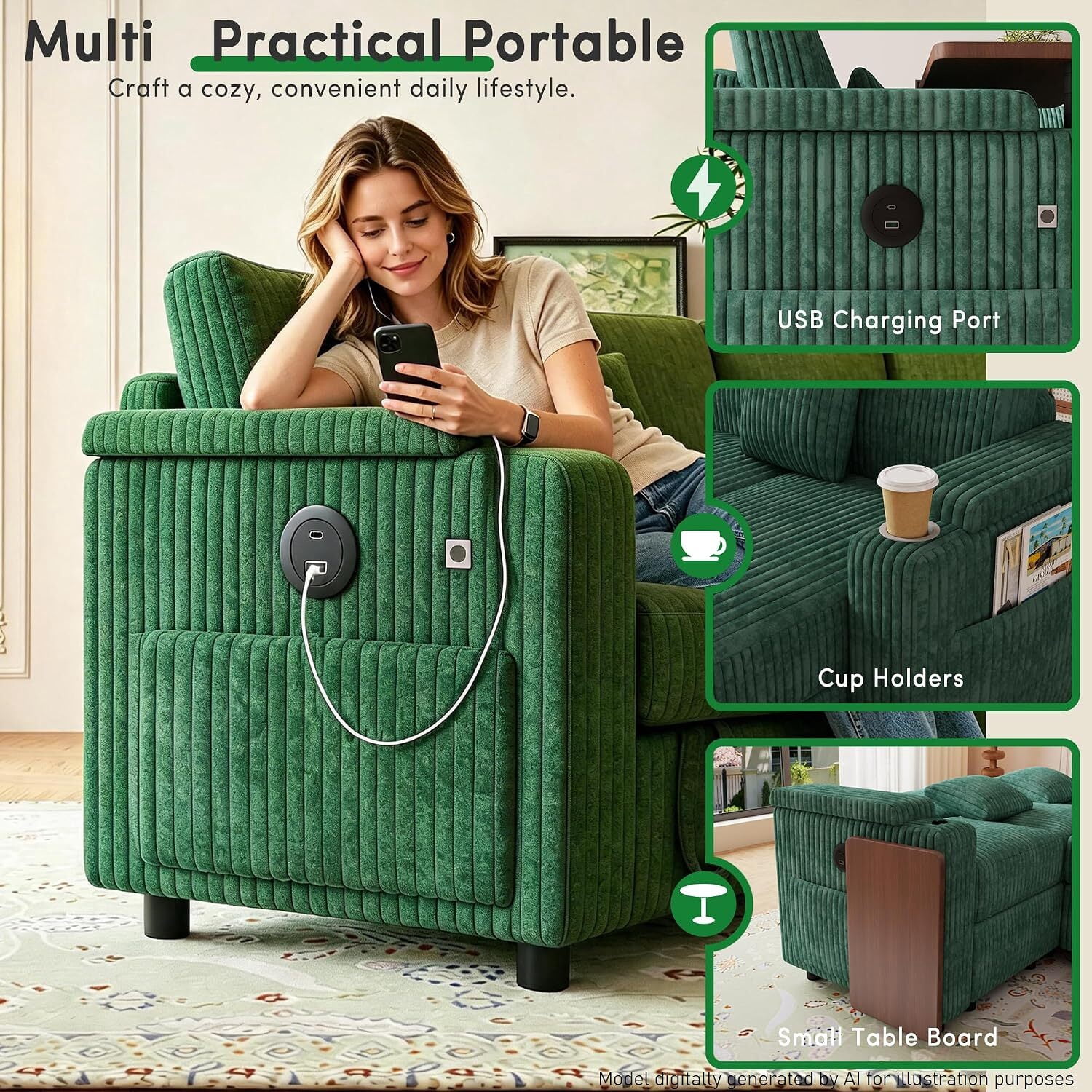 avobird 100'' Pull-out Sofa With USB ports, Table Board and Cup Holder, Comfortable Soft Cushioned Corduroy Fabric Sofa Bed, Extra-large U-shaped Combination Storage sofa bed, Green