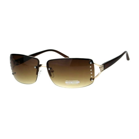 - Womens Rhinestone Rimless Narrow Rectangle Luxury Designer Sunglasses Gold Brown