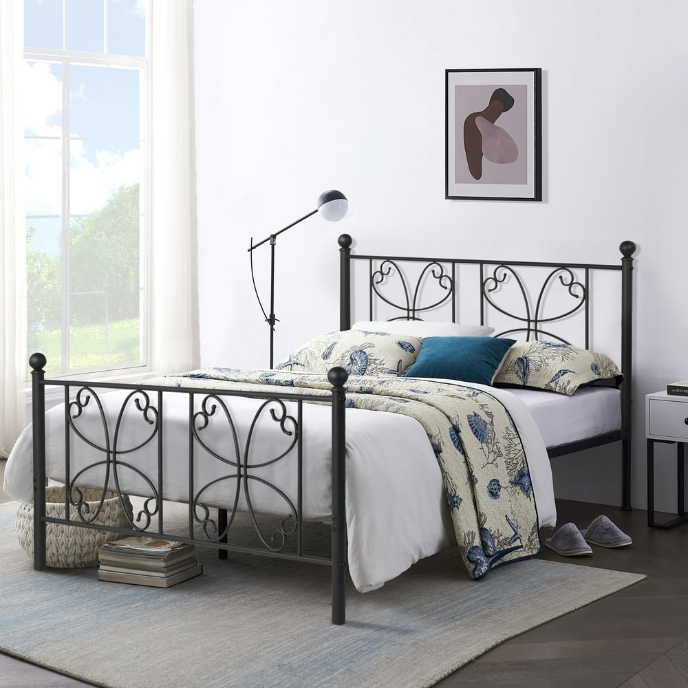 VECELO Full Size Metal Platform Bed Frame Box Spring Replacement with Headboard and Footboard