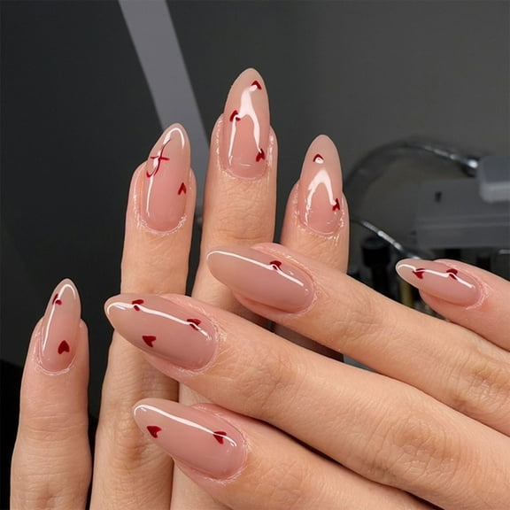 tegongse 24 Pcs Heart Full Cover Stick on Nail Valentines Day False Nail Press On Nail Almond Shape Artificial Nail for Women