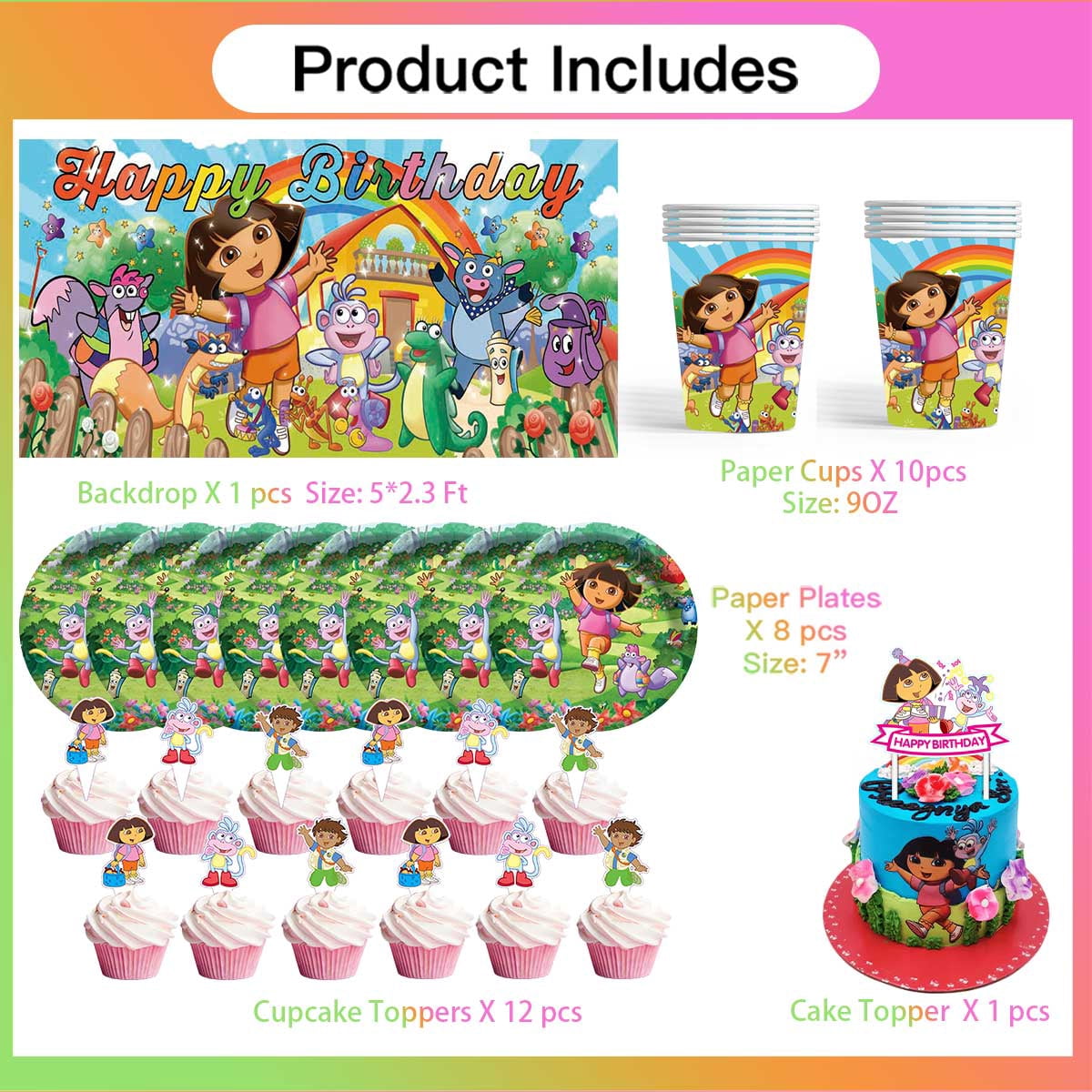 Dora The Explorer Birthday Cups Party Supplies Decor Backdrop Plates Fans Decorations Banner