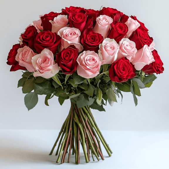 50 Stems of Roses: 25 Red and 25 Pink- Beautiful Fresh Cut Flowers- Express Delivery