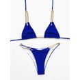 thumbnail image 4 of Wuxian Women 2 Piece Bikini Set Swimwear Summer Solid Color Chain Halter Backless Deep V-Neck Spaghetti Strap Push-Up Padded Bra Low Waist Swimsuit Fashionable Beachwear,Blue,M, 4 of 6