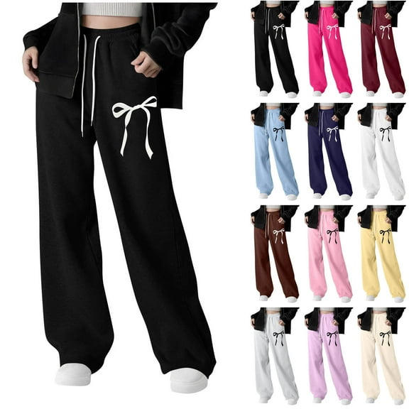 Girls Fleece Sweatpants Lightweight Bowknot Baggy Elastic Waist Straight Leg Jogger Kids Athletic Pants With Drawstring And Pocket