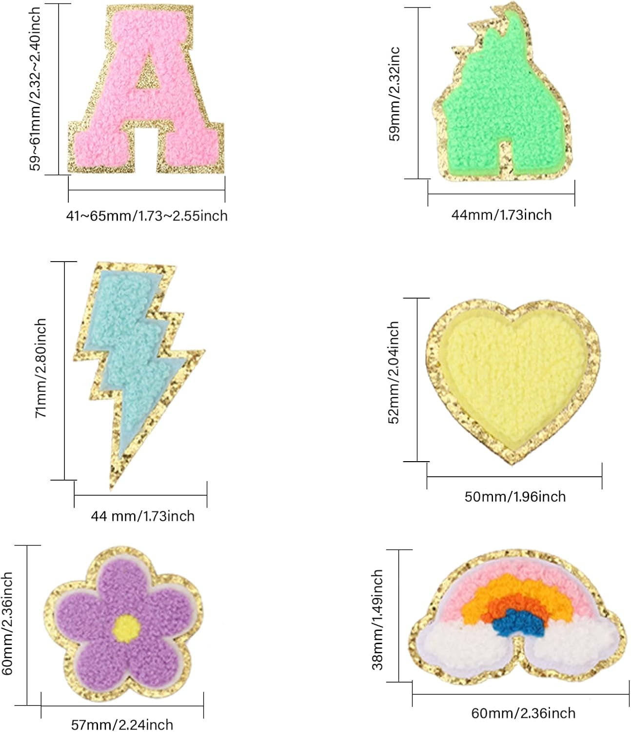 60 Pcs 6 Styles Heart Flower Rainbow Erembroidered Patch Sticker for Clothing Castle Polyester Embroidery Applique Patch Letter Iron On Patches for Jeans Jacket Clothes Sewing Colorful
