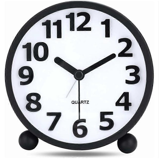 Black Silent Analog Alarm Clock,Black Metal Large 3D Digits,Non Ticking Table Clock with Night Light Bedside Alarm Clock 10.8cm