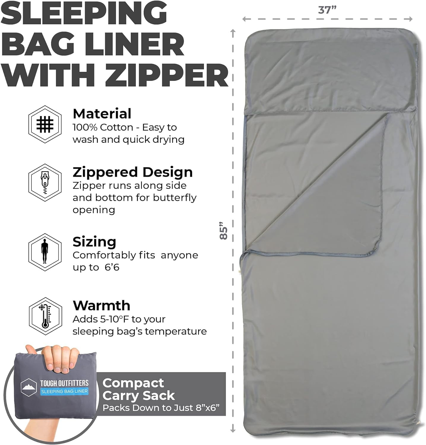 Tough Outdoors Washable Sleeping Bag Liner, Lightweight