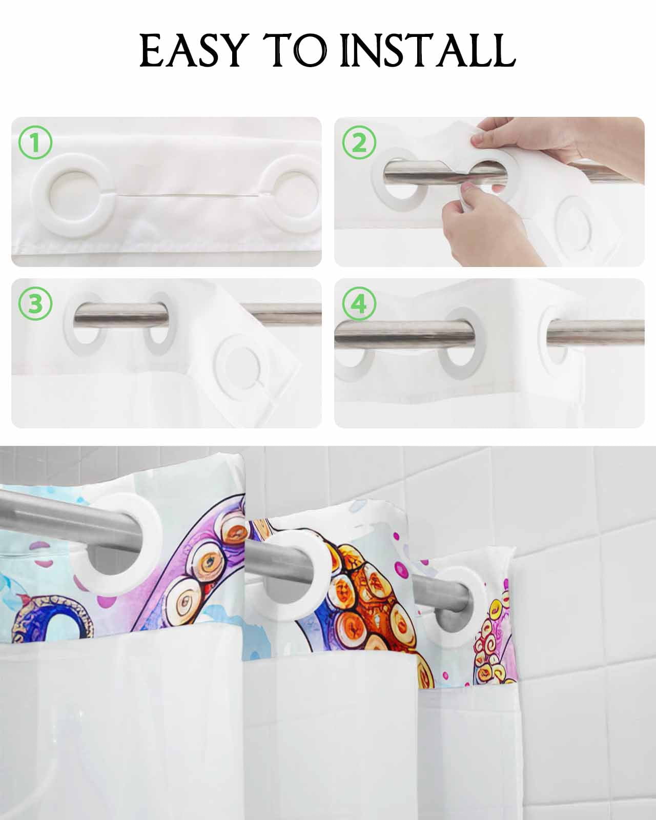 No Hook Shower Curtain with Snap in Liner, Watercolor Summer Ocean Octopus with Ocean Wave Hotel Shower Curtains for Bathroom, Washable Shower Curtain Liner Set with Mesh Top Window, 72"x84"