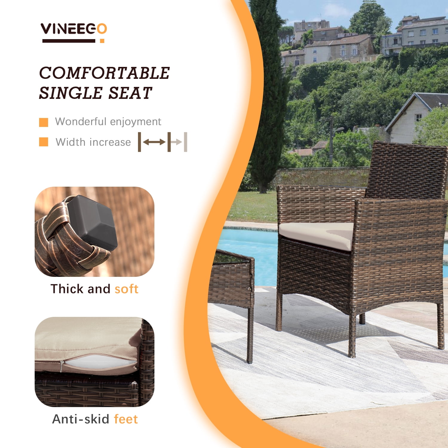Vineego 4 Pieces Outdoor Patio Furniture Sets Conversation Sets Rattan Chair Wicker Sets with Cushioned Tempered Glass