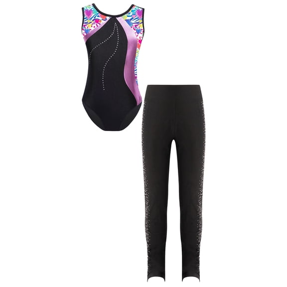 Hansber Kids Girls Gymnastics Outfit Sequin Dance Leotard with Sparkly Rhinestones Leggings Skating Colorful Heart 12