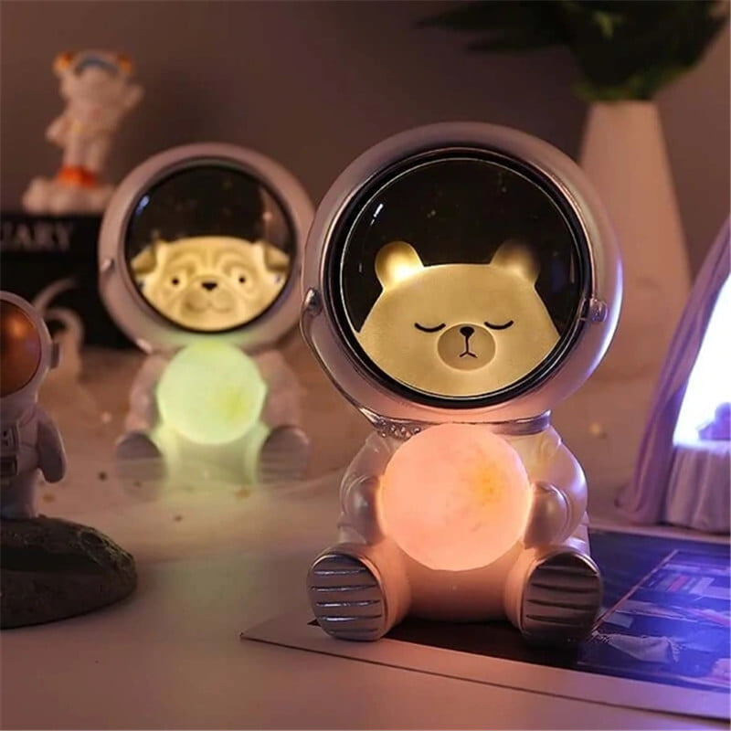 Pet Astronaut Night Light Dog Cat Bear Ornaments Animal Table Lamp Resin Decor 
