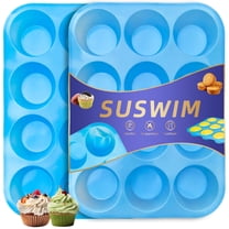 SUSWIM 2 Pack Silicone Muffin Pan & Cupcake Pans for Baking - 12 Cup Regular Size Egg Bites Molds （Blue）
