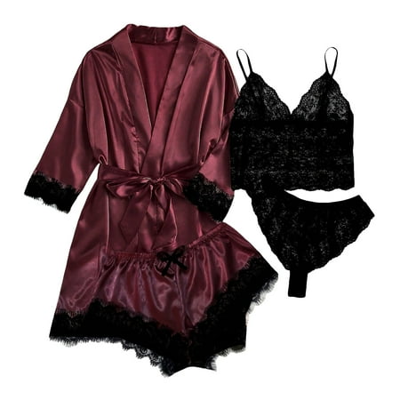 Women s Satin Slik Pajama Sets - Deep V Neck Sheer Lace Camisole Shorts Panties Belted Bathrobe Sexy 4 Piece Sleepwear