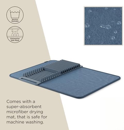 Udry Dish Rack and Microfiber Drying Mat – Space-Saving Design Folds Up for Easy Storage, Basic Rack, Slate Blue