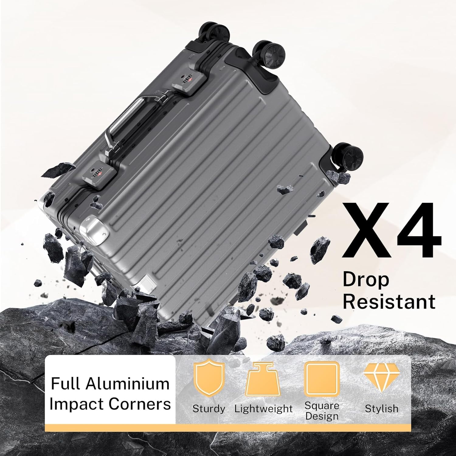 Checked Luggage Aluminum Frame Suitcase with Wheels PC ABS Hardside Zipperless with TSA Lock 24 Inch Gray