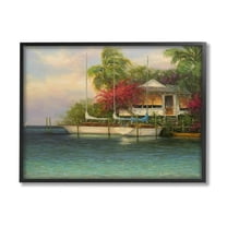 Tropical Boats Waterfront Scenery Landscape Painting Black Framed Art Print Wall Art