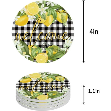 

KXMDXA Lemon Summer Fresh Fruits Black White Plaid Set of 8 Round Coaster for Drinks Absorbent Ceramic Stone Coasters Cup Mat with Cork Base for Home Kitchen Room Coffee Table Bar Decor