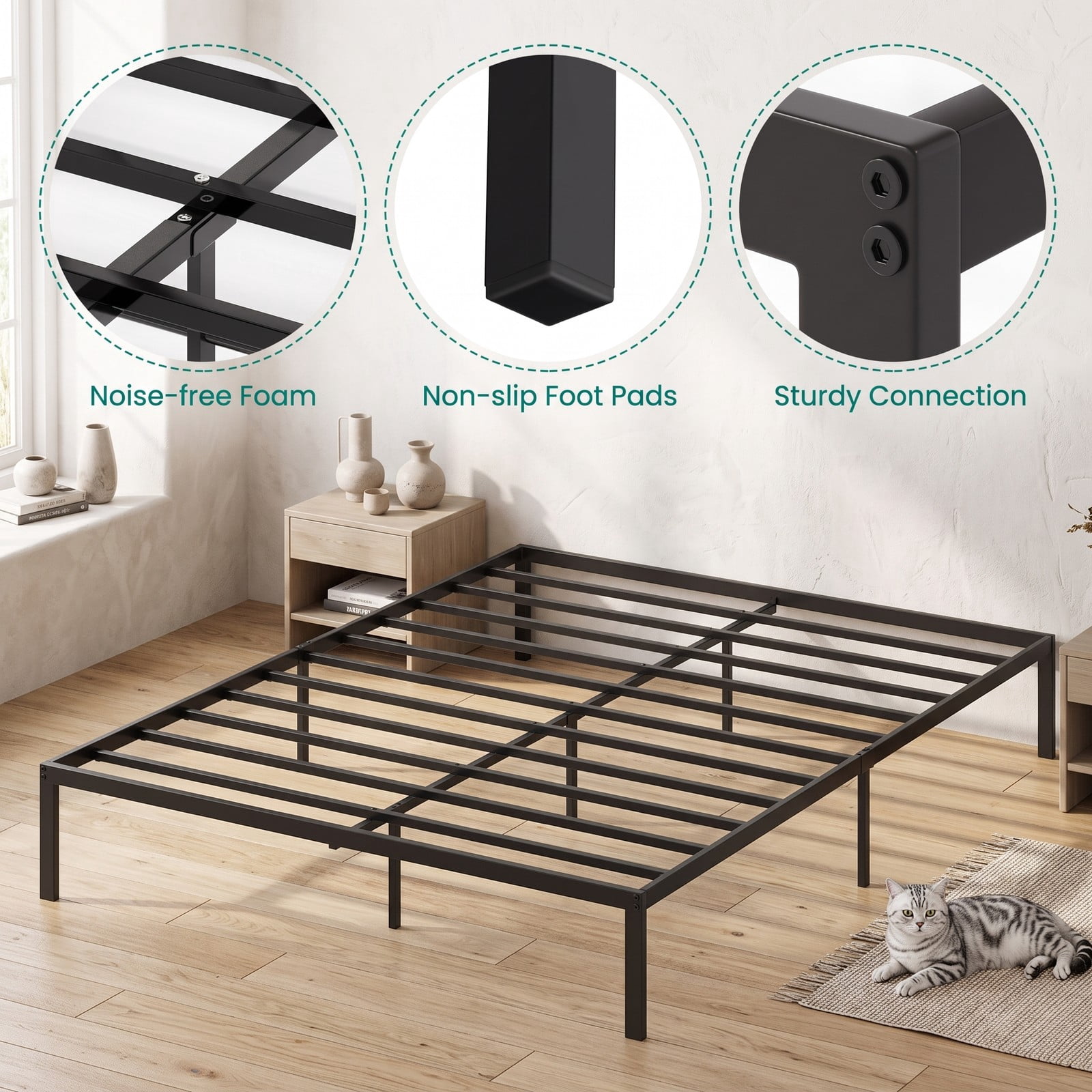 Furnibear Queen Size Metal Bed Frame with Heavy Duty Slat Support and Extra Center Legs, Platform Bed Frame No Box Spring, Black