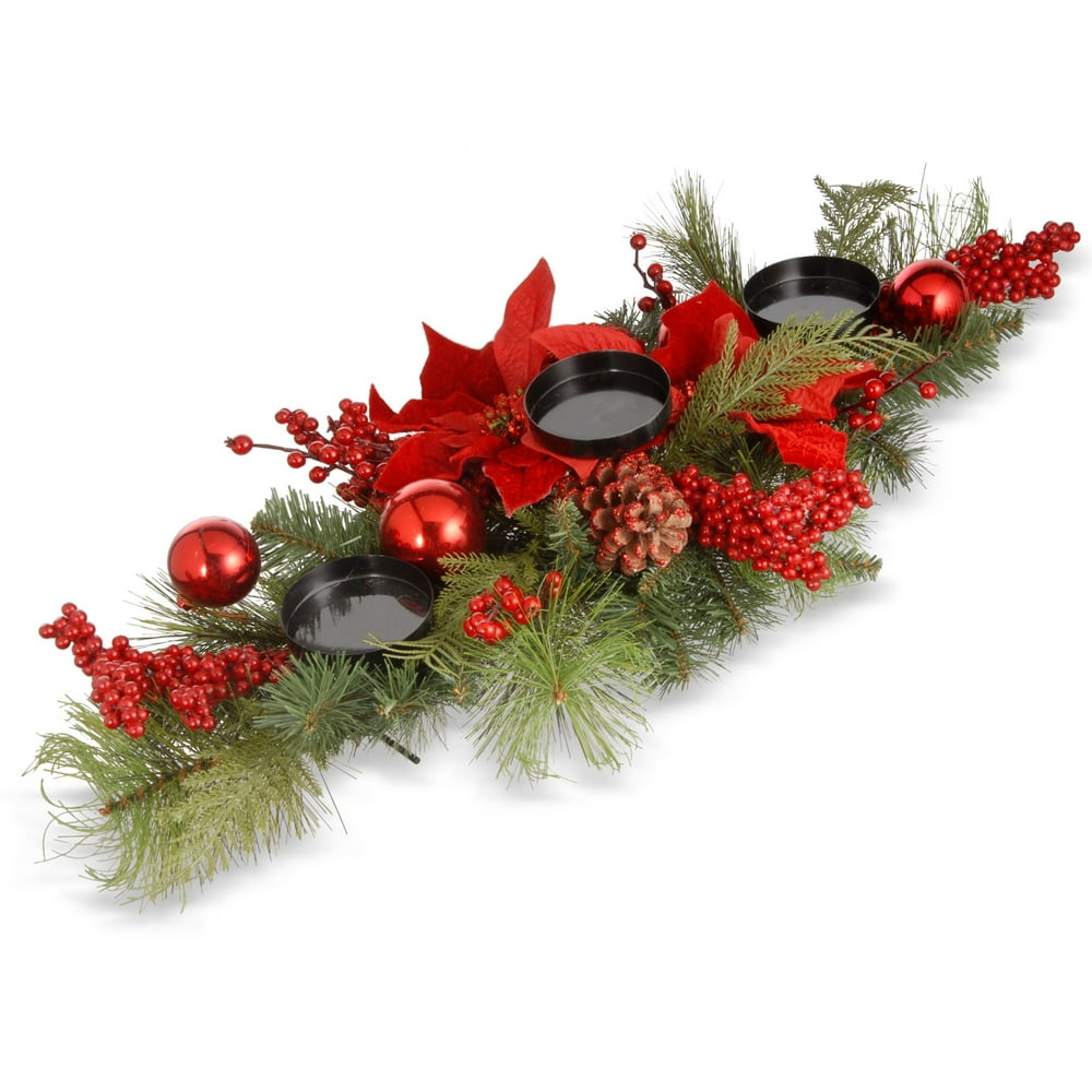28" Green and Red Poinsettias Christmas Candle Holder and Centerpiece
