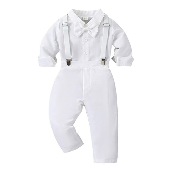 Xudanell Toddler Boy Fall Clothes Gentleman Boy Long Sleeved White Shirt Top and Trousers Formal Bow Suit Fall Outfits for Kids White 12-18 Months