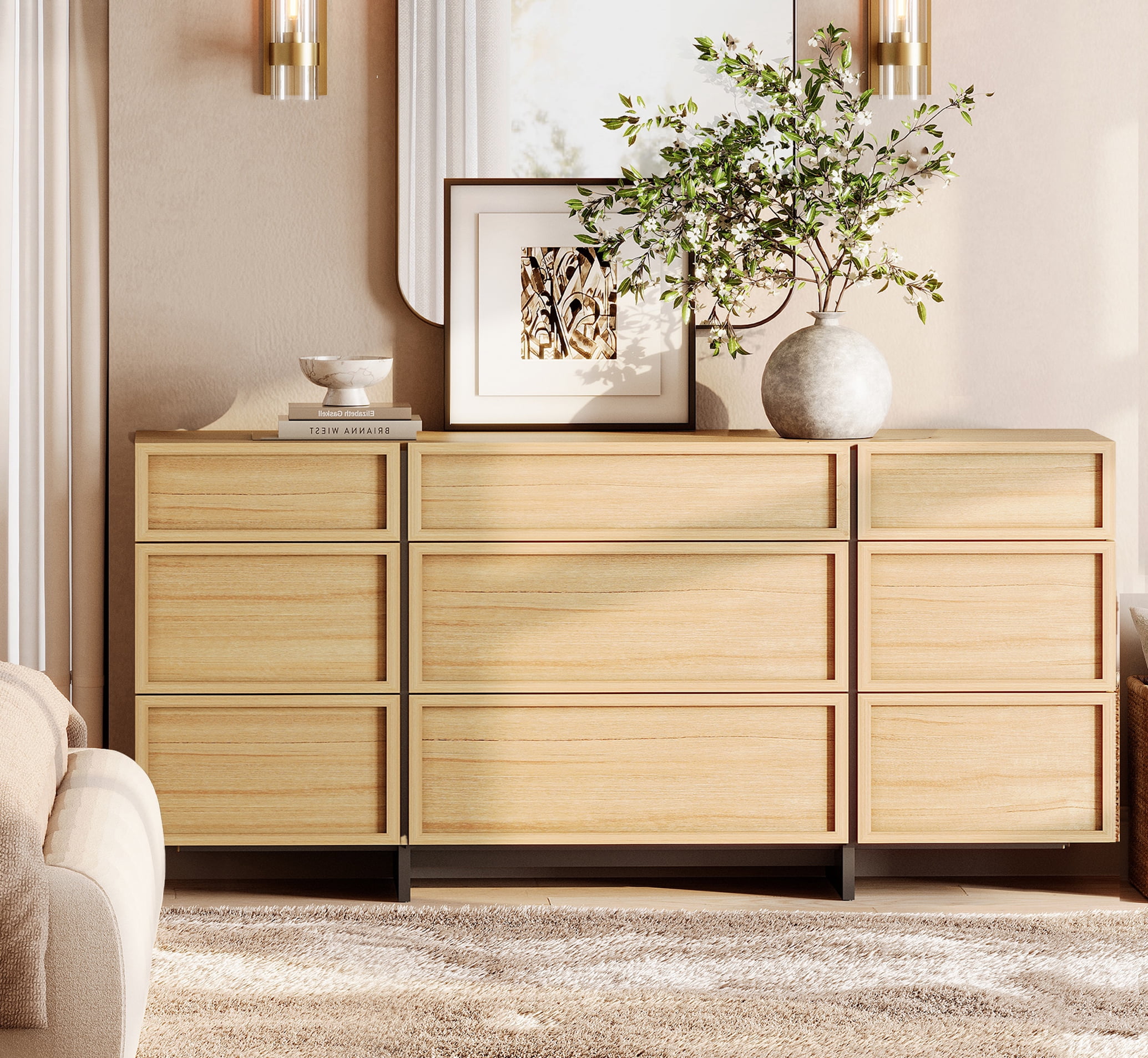 WAMPAT Modern 9-Drawer Wooden Dresser with Sturdy T-Shaped Wood Legs, Chest of Drawers & Closet Organizer for Bedroom, Hallway & Living Room Storage