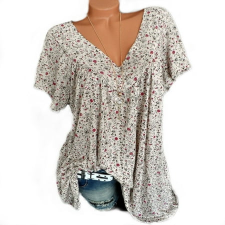 - Summer T-shirts For Womens Vintage Casual Floral Print V Neck Short Sleeve Loose Plus Size Ladies Tops Shirt Blouses