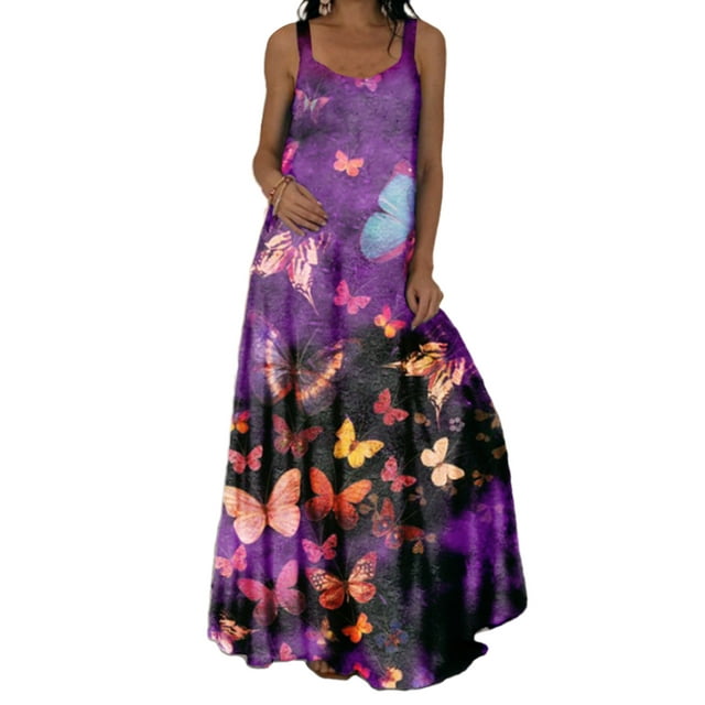 Daeful Maxi Robe Sans Manches Swing Gilet Col Carré Femmes Décontracté en Vrac Floral Robe de Soleil 14 Violet 2XL