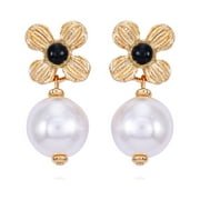 Time and Tru Women's Delicate Small Art Deco Gold Tone Flower Post Earring with Acrylic Pearl Drop