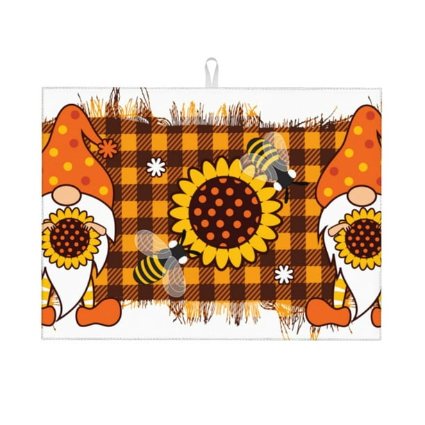 Balery Sunflower Gnomes and Bees Alfombrilla de Secado para Cocina, 18x24 Pulgadas, Súper Absorbente para Platos y Encimeras