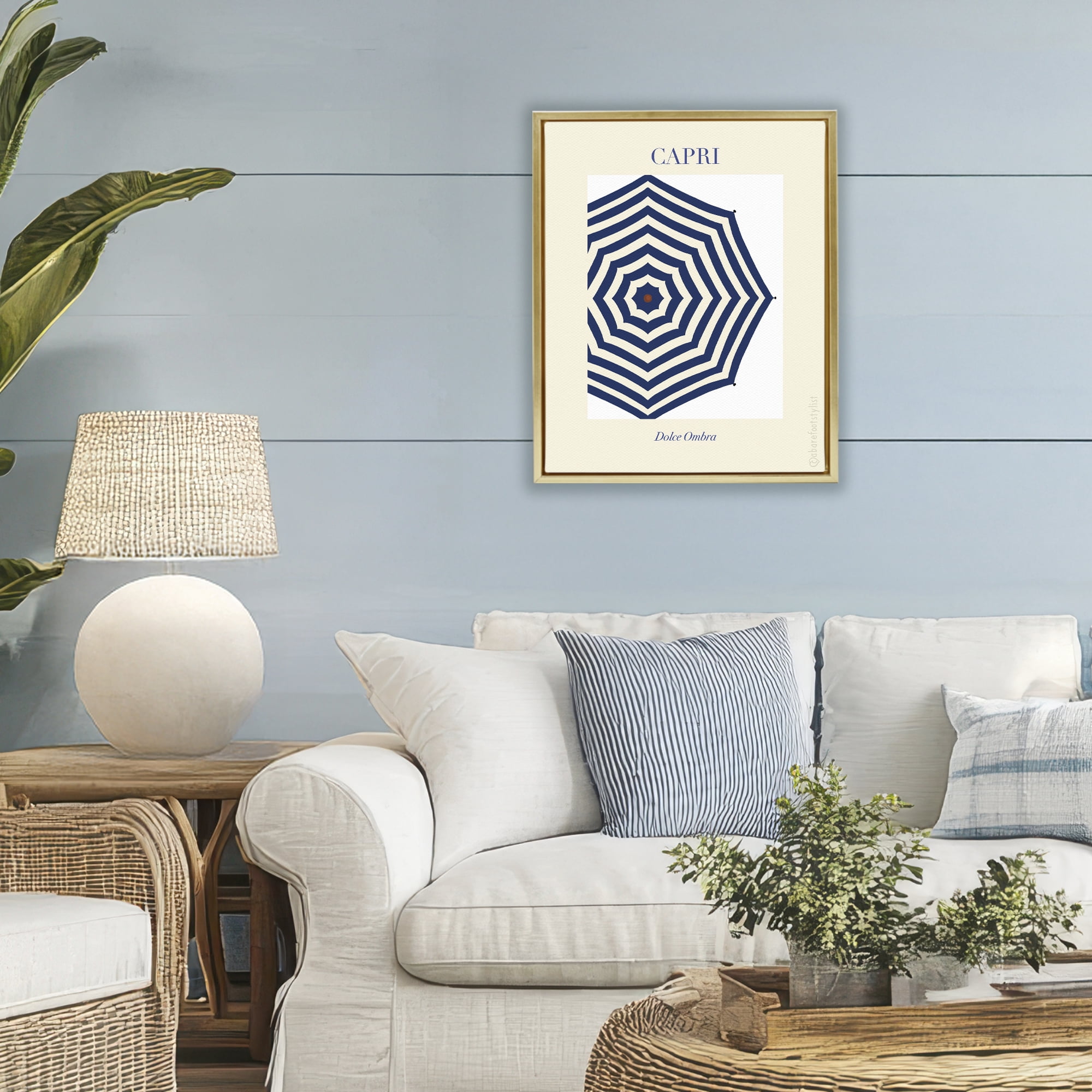 Stupell Industries Capri Striped Umbrella Gold Framed Floater Canvas Wall Art, design by A Barefoot Stylist