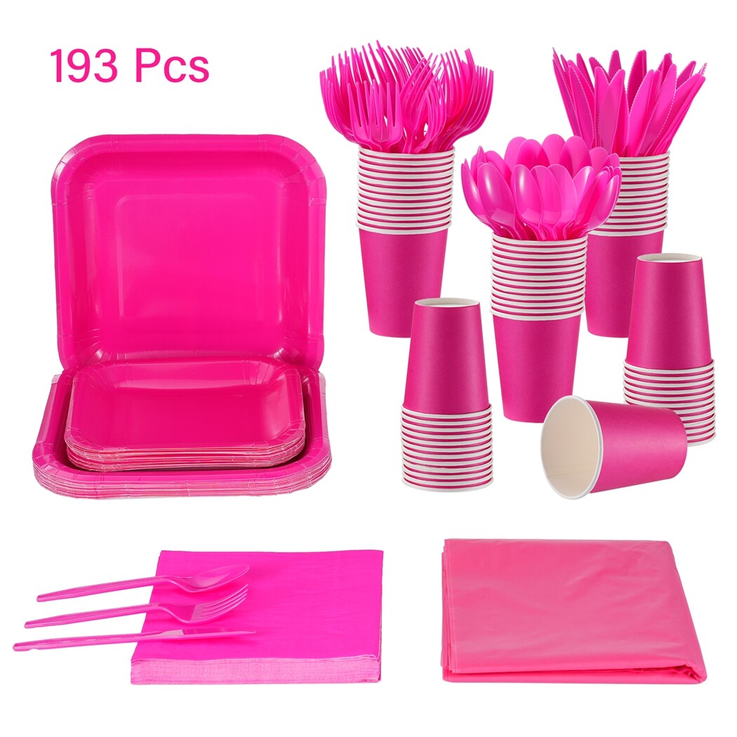 193 Pcs Hot Pink Party Supplies Include Dinner Plates Cups Napkins Plastic Spoons Forks Cutters, Party Dinnerware Set Serves 24 Guests for Birthday Wedding Party Family Picnics